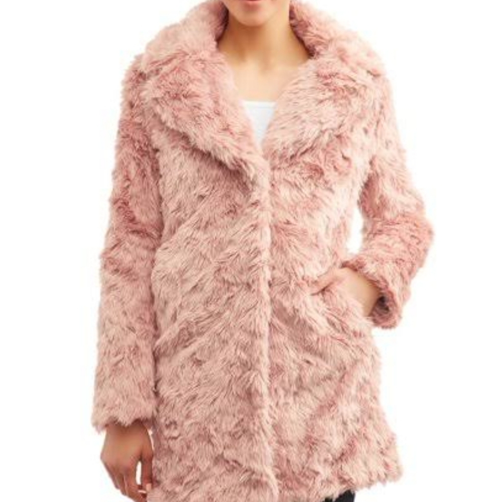 KENDALL + KYLIE CURLY FAUX FUR MID-LENGTH JACKET BLUSH FAUX FUR  REVERSIBLE - Picture 4 of 16